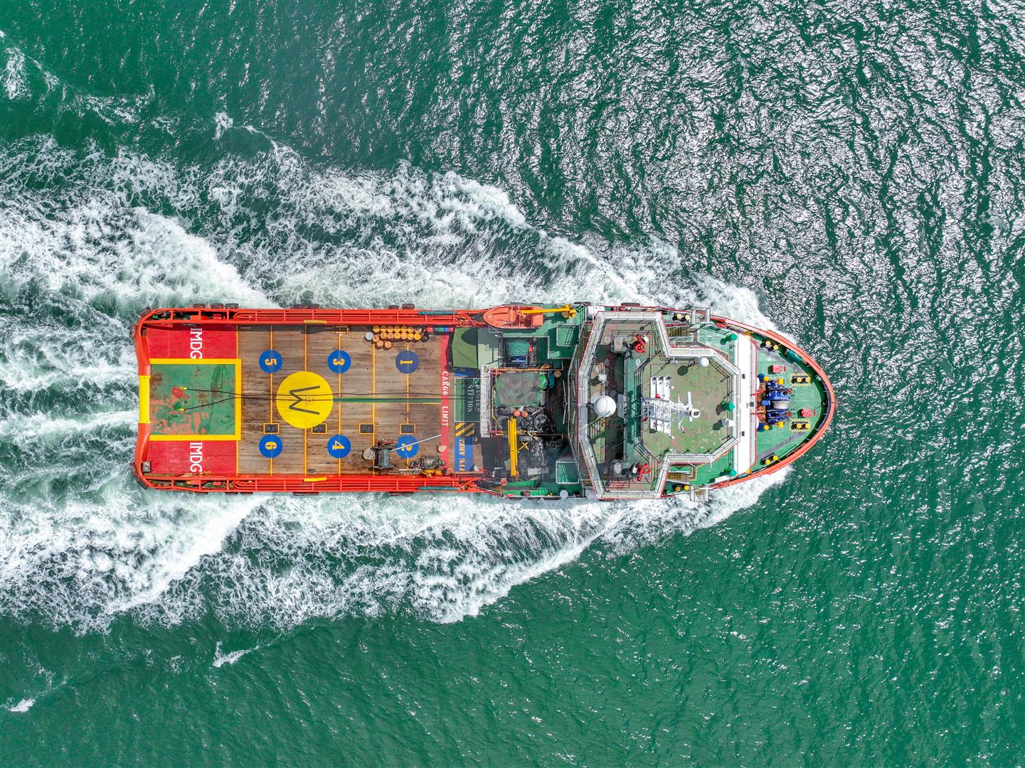 Aerial view of MV Avatar Victory underway at sea